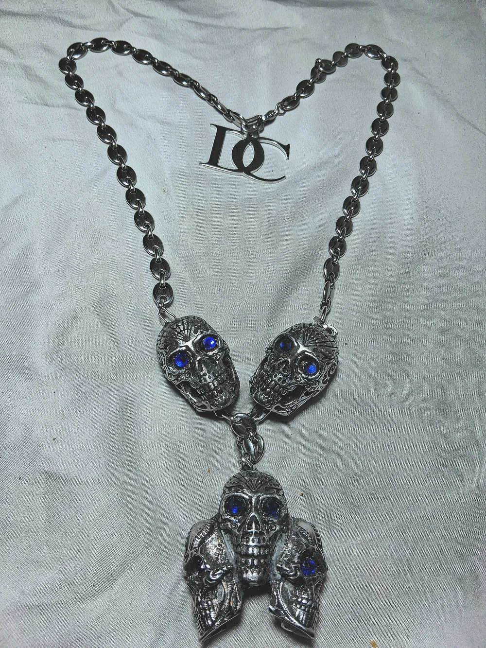 Stainless Steel Men's Skull Necklace with Blue Stone Eyes